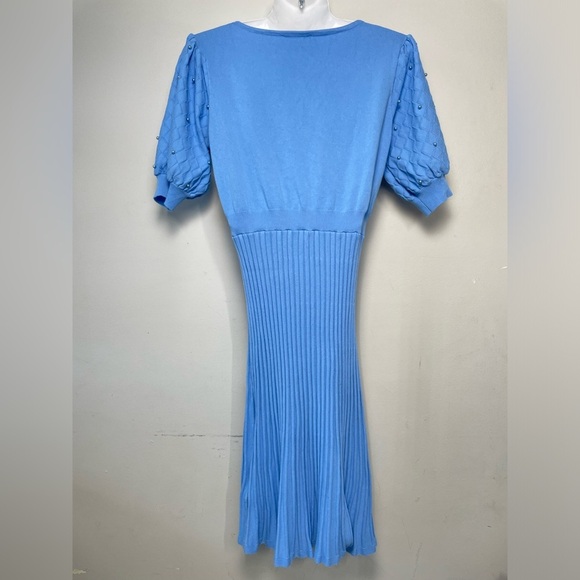 Nanette Lepore Blue Pearl Puff Short Sleeve Cinched Waist Pleated Dress Large - Picture 4 of 9